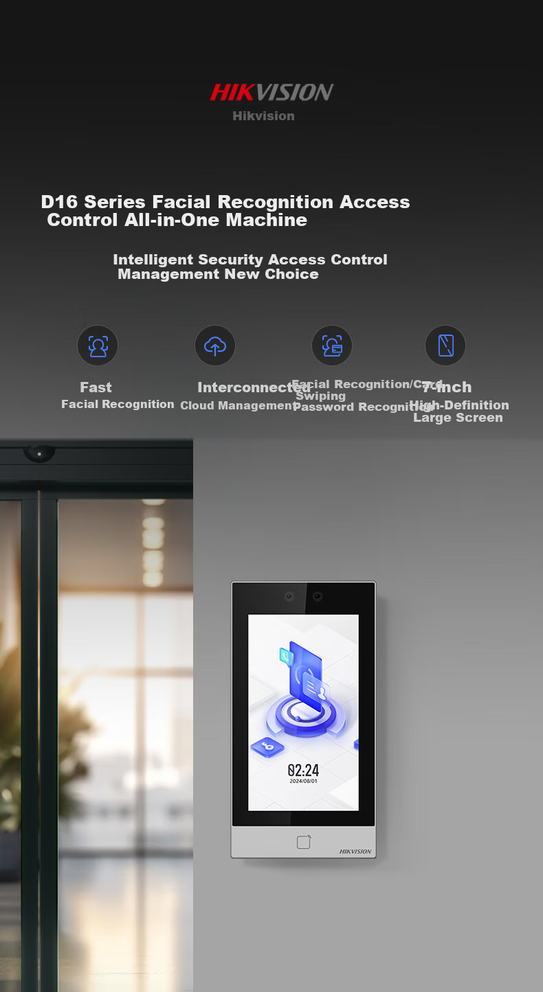 HIKVISION 7-Inch Facial Recognition Access Control All-In Machine for Corporate Office Access Control System, Suitable for Wooden Doors/iron Doors/glass Doors, WIFI + Face Recognition + Fingerprint D16 Plus 1