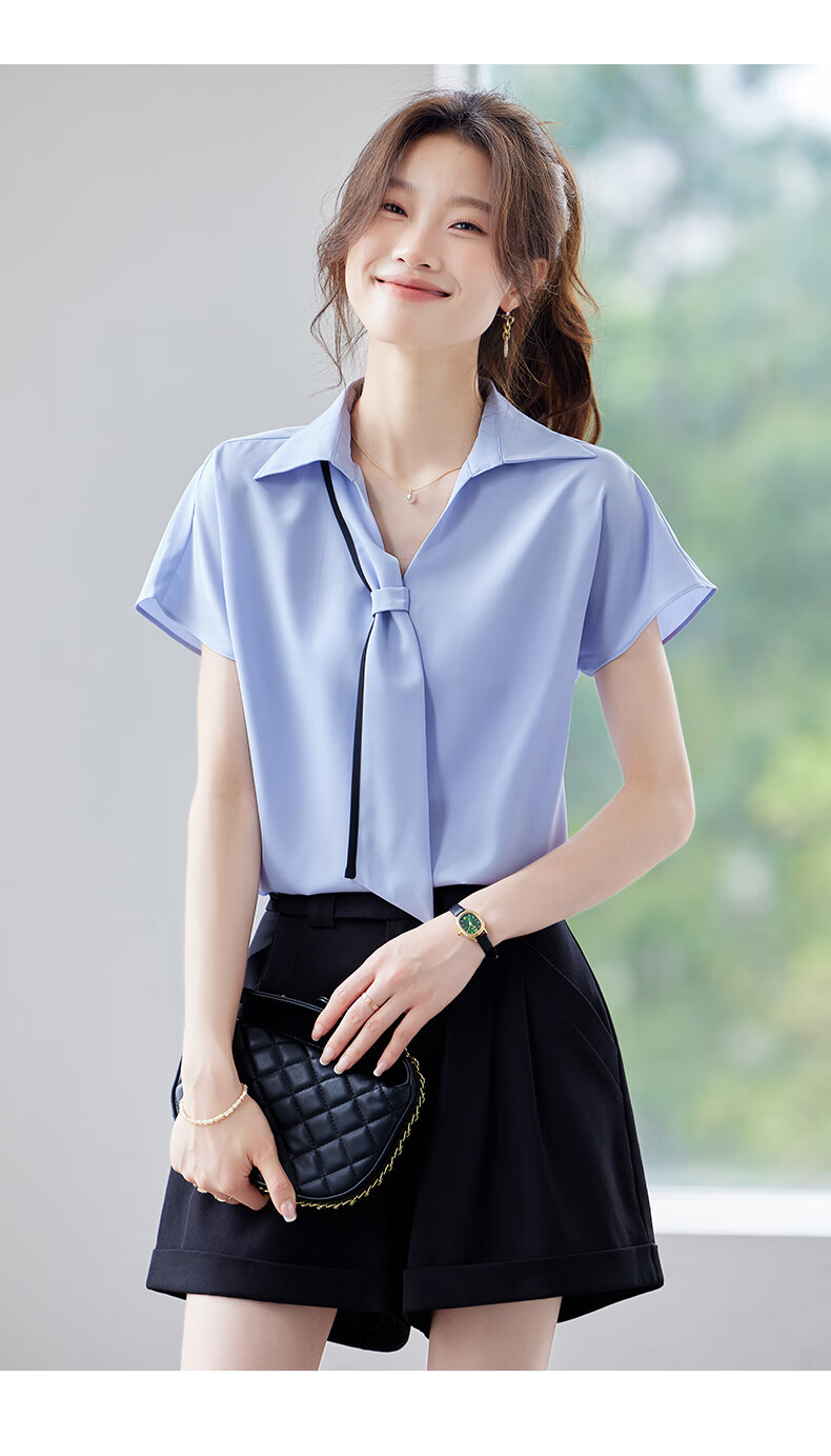 Jeanswest Women's Short Sleeve Shirt 2025 Summer High-End Design Ribbon Versatile Commuter Top White M 14