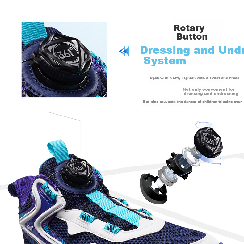 361° Children's Sports Shoes, All-Season Youth Basketball Shoes, Durable Training Sneakers with Rotary Buckle, Blue, Size 35 21