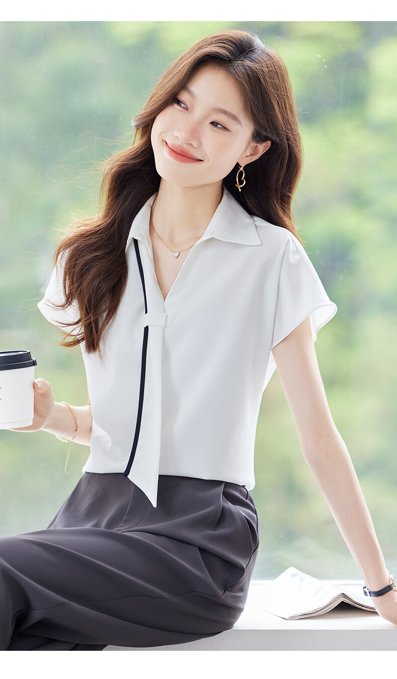 Jeanswest Women's Short Sleeve Shirt 2025 Summer High-End Design Ribbon Versatile Commuter Top White M 17