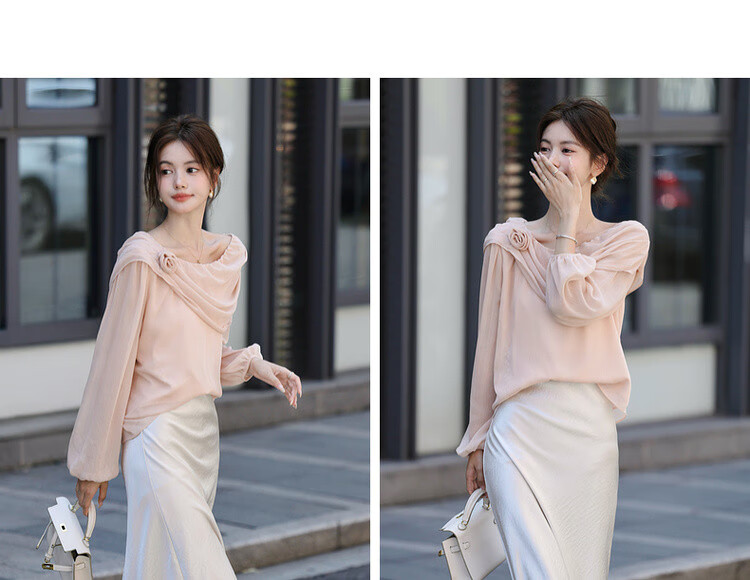 Mt Gentle Impression Spring Elegant Off-Shoulder Floral Decor Lightweight Shirt Women's Top 8