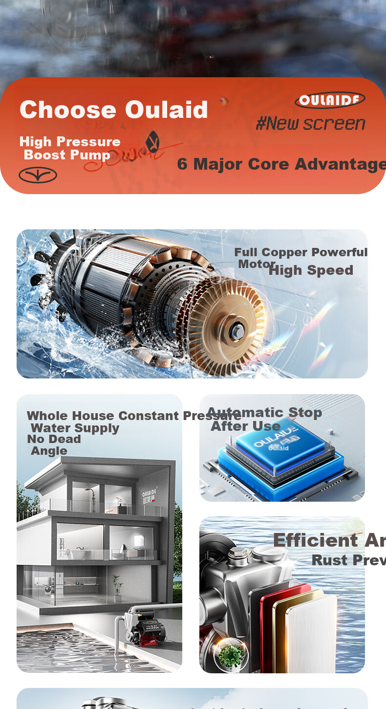 Oulaide Booster Pump, Household Fully Automatic Pressure Booster, Water Heater, Home Shower, Tap Water, Self-Priming, Non-Mute Booster Pump 1