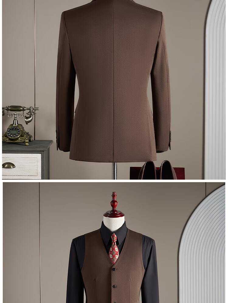 ROMON Men's Wool Suit Set Business Wedding Formalwear Brown Coffee M (Blazer + Vest + Trousers) 21