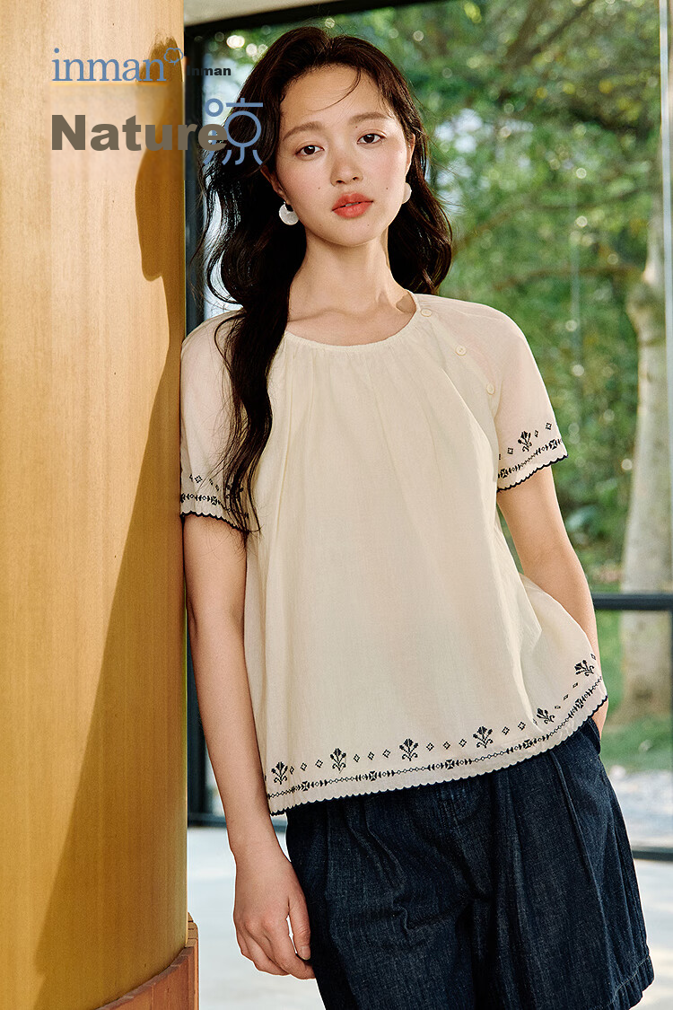 Inman French Style 100% Cotton Embroidered Shirt Summer Women's Casual Vacation Short Sleeve Blouse Beige M 13