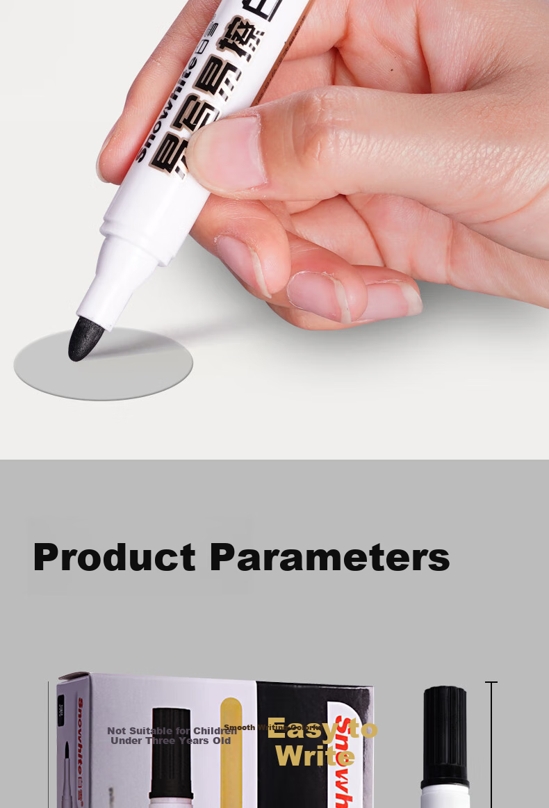 Snowhite Whiteboard Marker Set with Thick Tip, Erasable, Smooth Writing, Durable And Long-Lasting. Office Supplies, Stationery for Meetings, Teachers' Training. Black, 10 Pieces/box, WB568 9