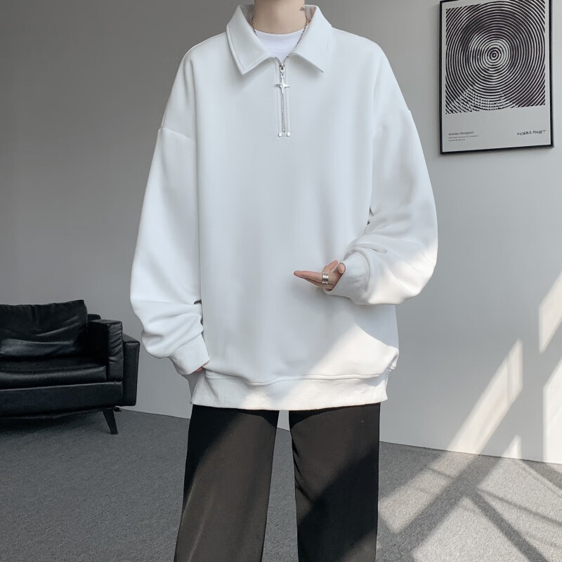 Dingfengbaoluo Half-Zip Top, Spring Versatile Casual Loose Solid Color Long-Sleeve Lapel Sweatshirt TID03 White M