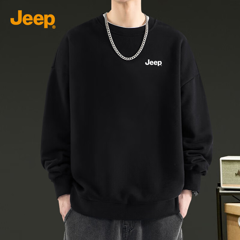 JEEP Men's Autumn Casual Comfortable Crew Neck Sweatshirt Soft Skin-Friendly Breathable Versatile Black 2XL