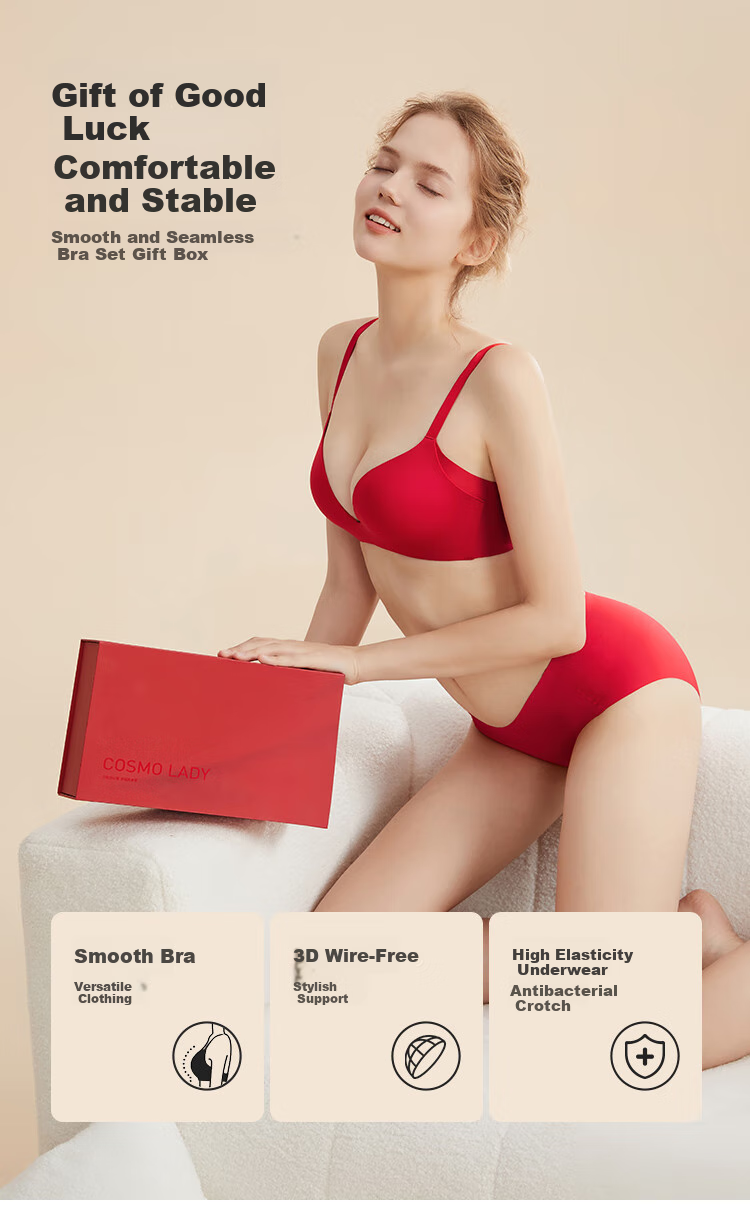 Dushiliren Zodiac Year Lingerie Set for Women, New Year Red Bra Gift Box, Seamless Wireless Push-Up Bra + 2 Panties 1