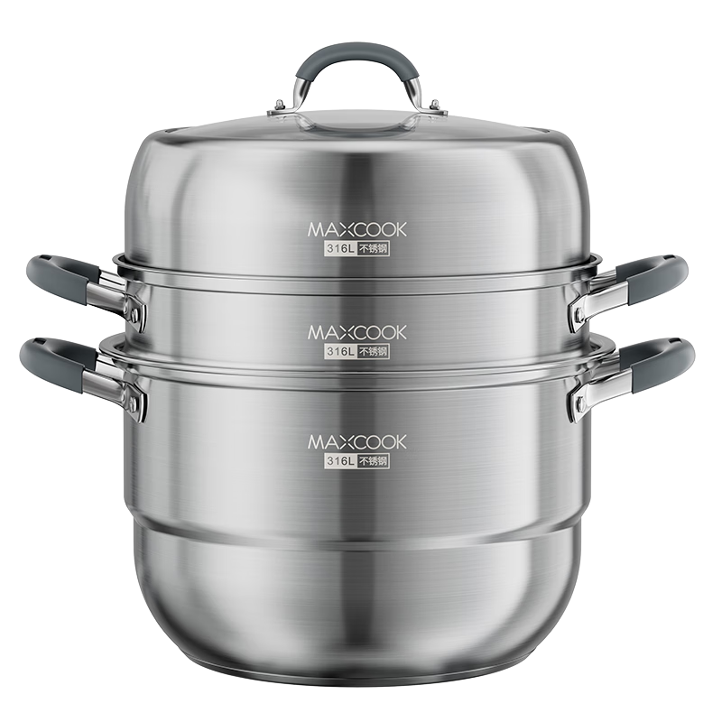 MAXCOOK 316L Stainless Steel 3-Layer 30cm Steamer Pot with Composite Bottom for Home Use, Compatible with Gas Stove and Induction Cooker MCZ043