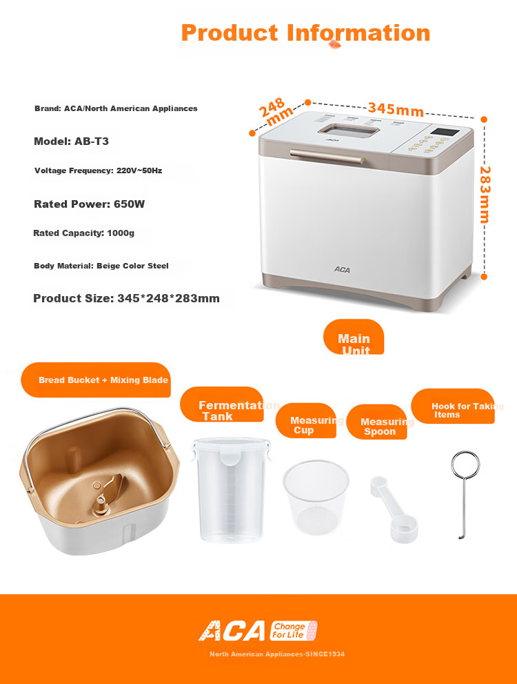 ACA Home Fully Automatic Bread Maker, Dough Kneader And Mixer, Breakfast Machine with Large Capacity, Smart Seasoning Dispenser, Pressed Aluminum Inner Pot, T5 22
