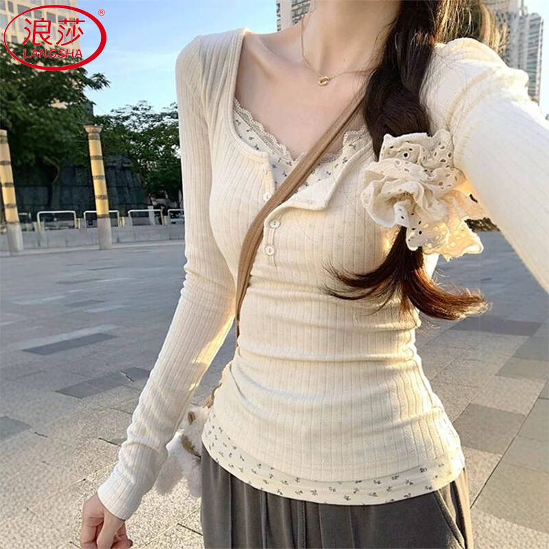 LangSha Floral Print Faux Two-Piece Long Sleeve Slim Fit Lace Top for Women 2025 Autumn New Arrival