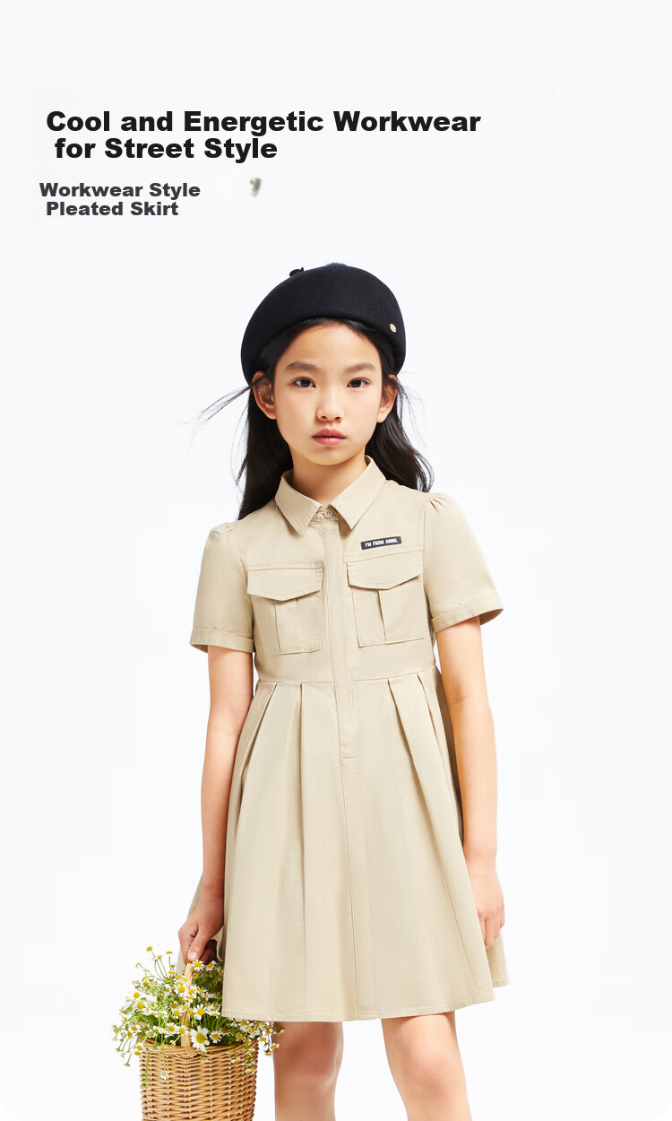 Annil Girls' Short-Sleeve Dress, Summer Pleated Artistic Workwear Style, Lightweight Breathable Dress 1