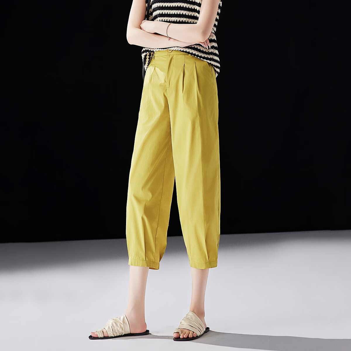 Dme [Naked Feel Experience Series] Summer Comfortable Elastic Waist Nine-Point Pants, Cotton Stretch Straight-Leg Women's Casual Trousers