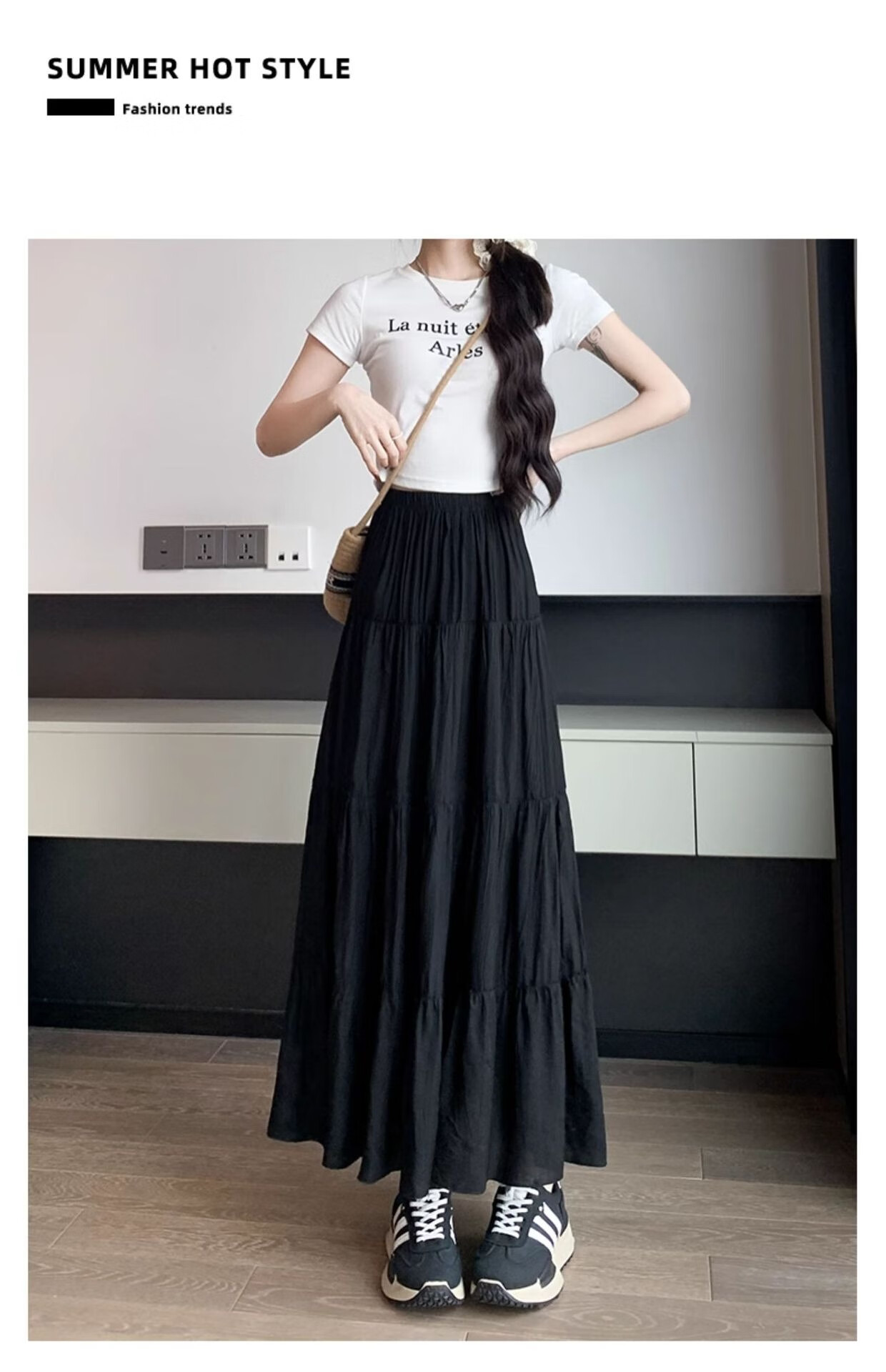 Jeanswest Women's Summer High-Waist Slimming Versatile Loose Peach Blossom Wrinkle Cake Skirt White M 24