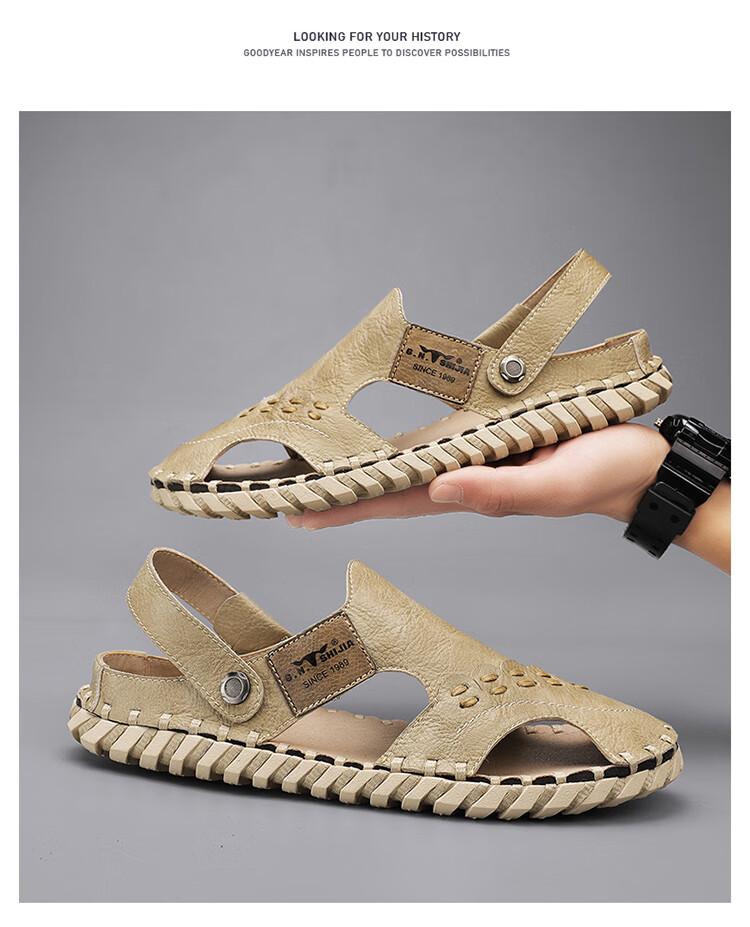 Bull Family Leather Sandals Summer Beach Shoes Men's Driving Outdoor Casual Trendy Soft Leather Soft Sole Handmade Hole Sandals 28