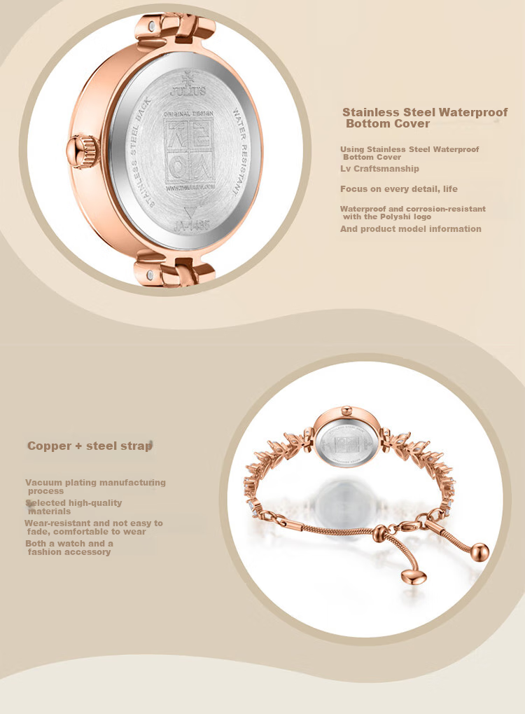 Julius Watch for Women, Mermaid Gift Box, Girlfriend Gift, Zirconium Bracelet, Quartz Ladies' Student Watch, Rose Gold MG-1435B 12