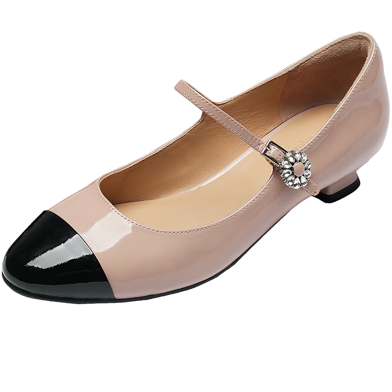 Laird Spring Summer Low Heel Elegant Mary Jane Shoes for Women 6T23001 Milk Tea Apricot + Black BEP 34
