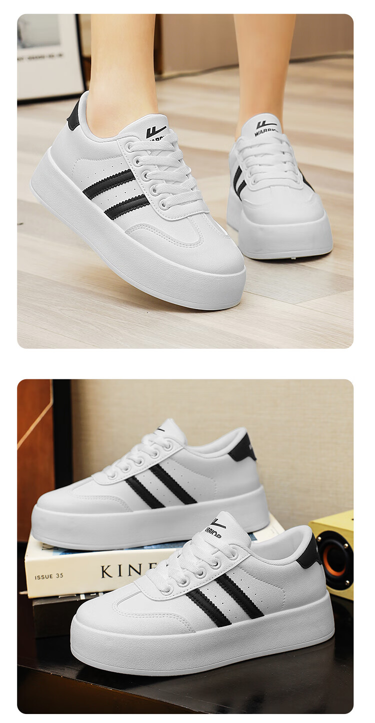 Warrior Women's Thick Sole Retro Leather Casual Sneakers Black White Size 37 18