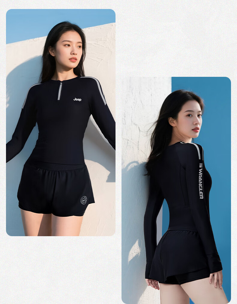 Jeep Women's Two-Piece Long-Sleeve Conservative Swimsuit, Double-Layer Slimming Sun Protection Quick-Dry Swimwear for Hot Springs, Black, Size L 6