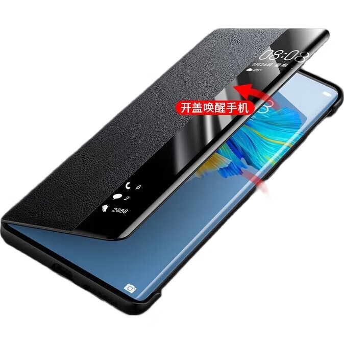 Чехол-книжка Eddga "Chuan Lian Jin Bao" для Huawei Mate50 Pro, флип-обложка с окном для просмотра уведомлений, полная защита, ударопрочный, натуральная кожа, с функцией "сон/пробуждение", черного цвета