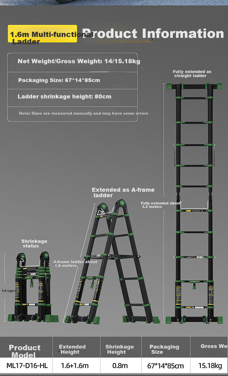 Midoli Telescopic Ladder, Aluminum Alloy Thickened Folding Ladder, Multi-Functional Household Lifting Ladder, Engineering Ladder, A-Frame Ladder, 2.6 Meters 11