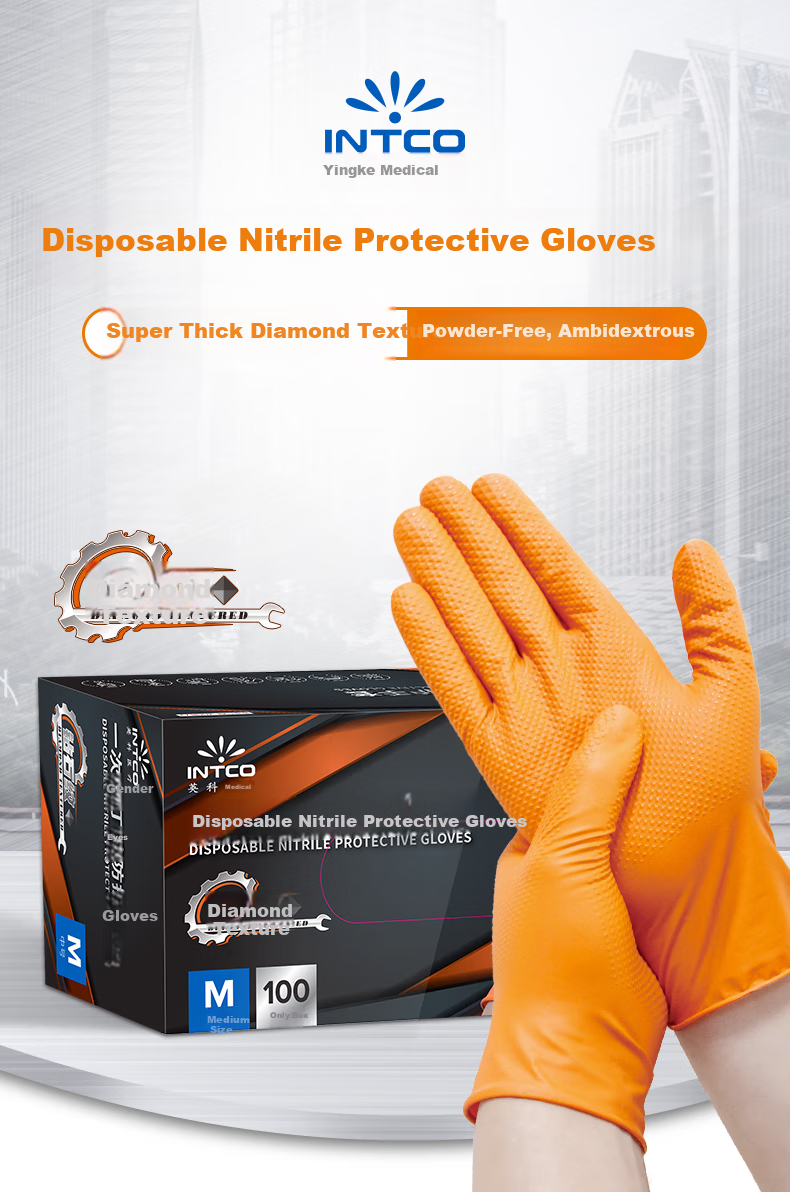 INTCO Diamond Pattern Nitrile Gloves, Extra Thick Durable Work Gloves, Orange, 30 Pieces/box, Size L 1