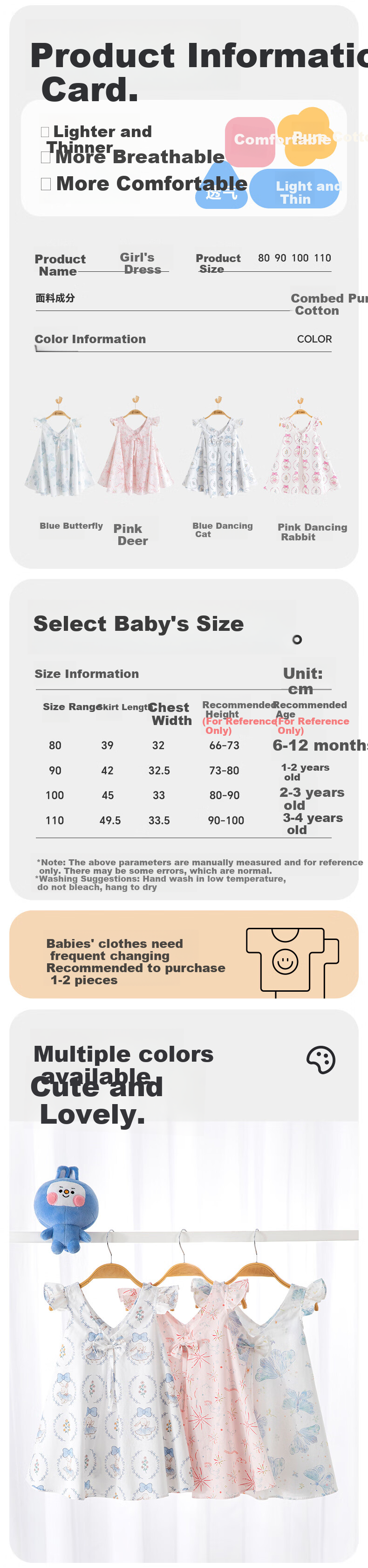 Babyprints Girls' Dress, Little Girl's Summer Pure Cotton Princess Dress, First Birthday Party Dress, Baby Skirt, Pink Deer, Size 90 2