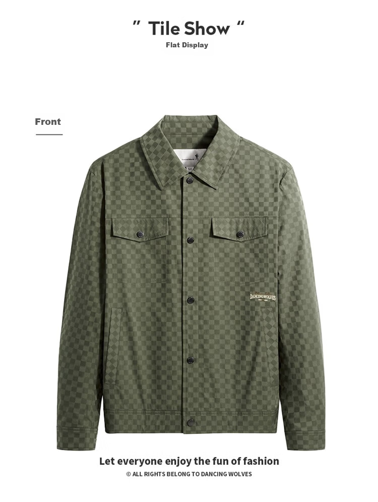 DANCING WOLVES Trendy Checkered Lapel Workwear Style Jacket Easy-Care Men's Jacket 001 Black L(175) 12