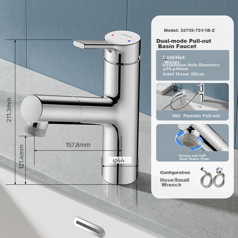 JOMOO Basin Faucet, Pull-Out Design, Hot And Cold Water, Washbasin Faucet, Face Washing Basin Faucet, 32344-574 2