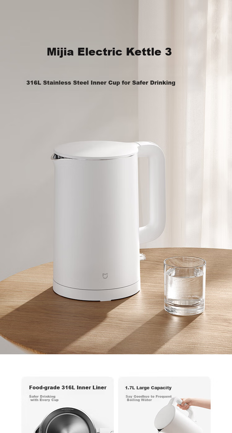 Mijia Xiaomi Electric Kettle, 316L Stainless Steel Inner Tank for Mother And Baby Use, Household Water Boiler, 1.7L Capacity, 1800W Rapid Heating 2