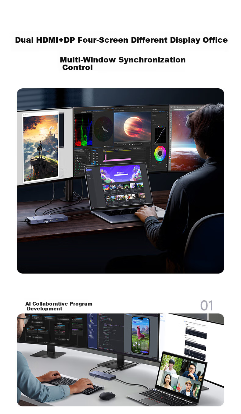UGREEN Type-C 3.2 Dual HDMI/DP Triple Display Adapter Docking Station USB-C Compatible Thunderbolt 4/5 Expansion Dock 10G Multifunctional Adapter 8K Multi-Screen Extension Compatible with Huawei Computers 6