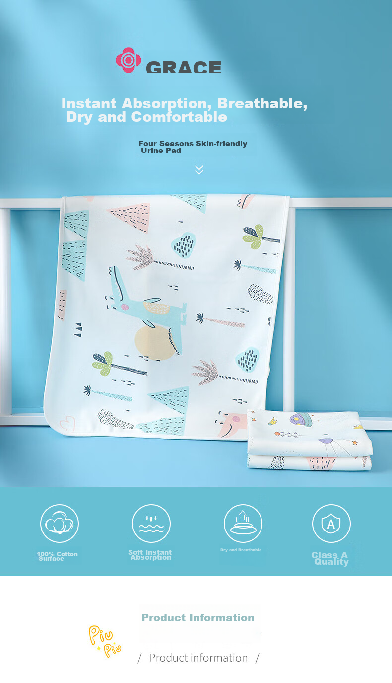 Grace Baby Diaper Pad, Extra Large Washable Menstrual Period Pure Cotton Bed Sheet Cartoon Crocodile Pattern, 150*100cm 1