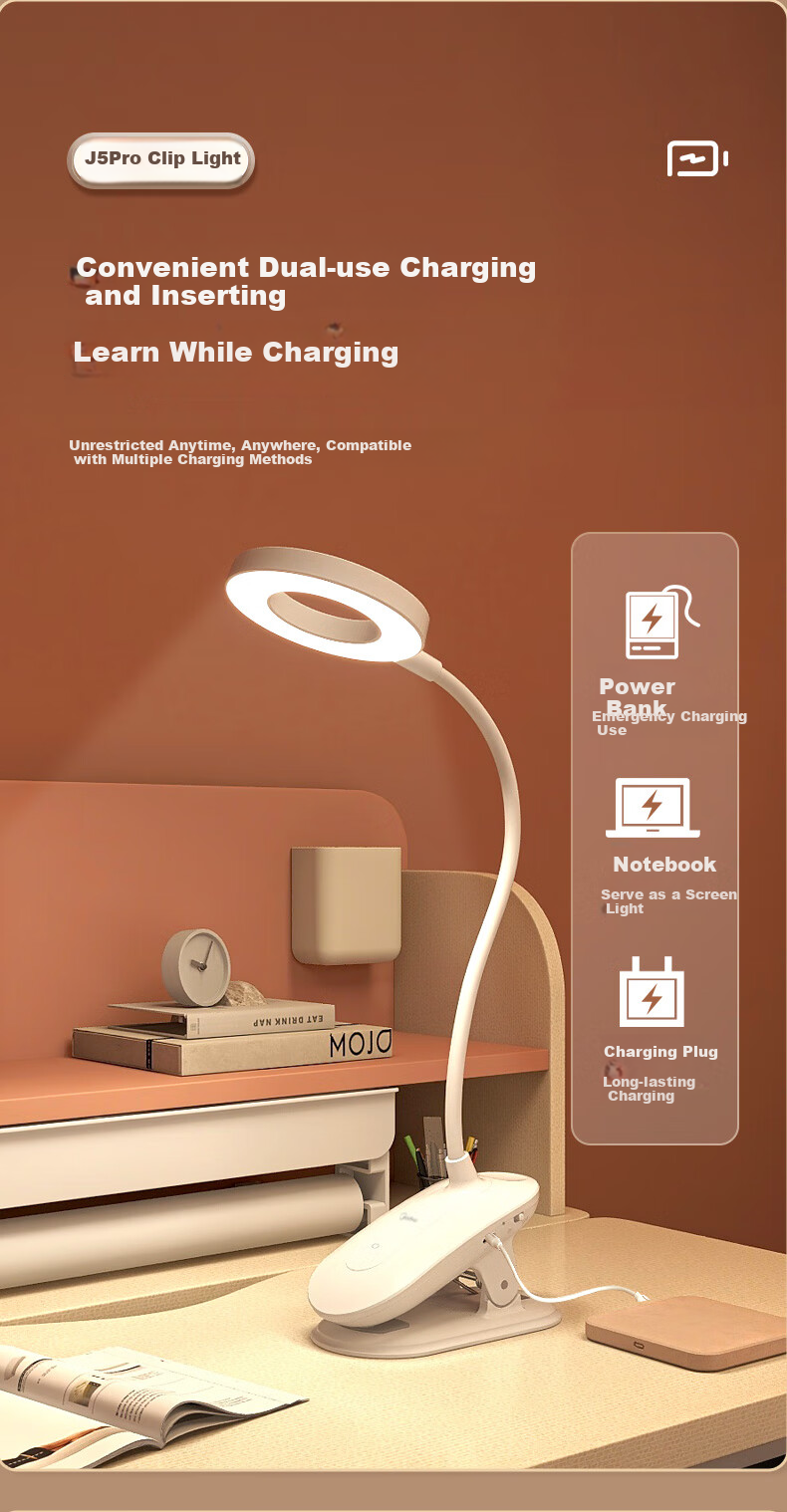 Midea Rechargeable Small Desk Lamp for Home, Student Study, Reading, Dormitory, Clip-On Bedside Lamp 7