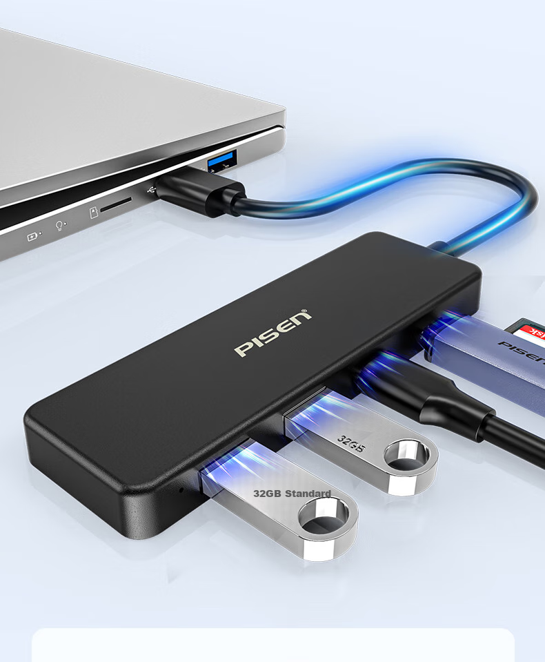 Pisen USB Hub, Multi-Port Adapter, USB 3.0 Splitter, Four-In HUB Concentrator, Laptop External Expansion Dock, USB-C Data Cable, 1 Meter 3