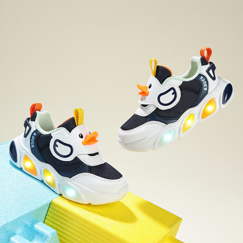 B.Duck Children's Walking Shoes, Girls' Light-Up Shoes, Boys' Glow-In Sneakers, Model 6868, Blue And White, Size 30
