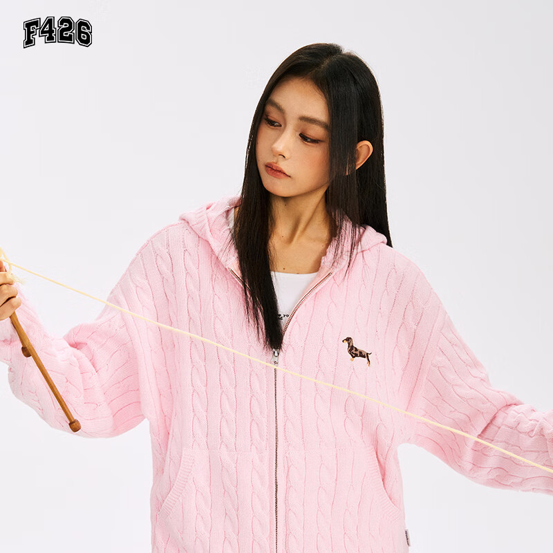 F426 Official Store National Trend Autumn New Casual Loose Retro Cable Knit Hoodie Cardigan Sweater Pink L