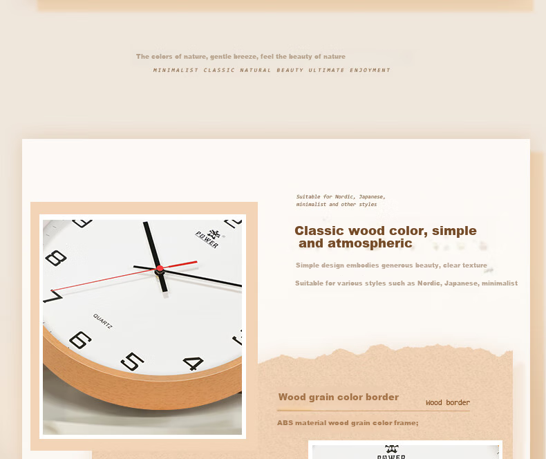 POWER Bawang Simple Living Room Wooden Style Wall Clock, Creative Timepiece for Home, Modern Quartz Clock, 35cm 5