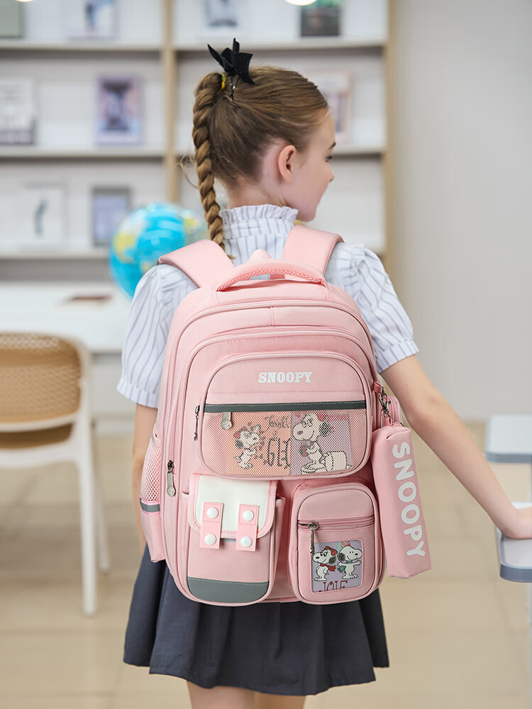 SNOOPY Elementary School Backpack Lightweight Children's Spine-Protecting Load-Reducing Shoulder Bag for Grades 4-6, Large Pink Size 2