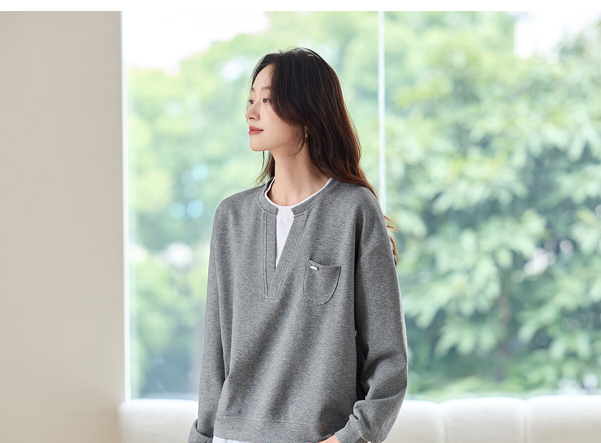 PinCai Women's Casual V-Neck Fake Two-Piece Loose Slim Layered Sweatshirt P53W050 21