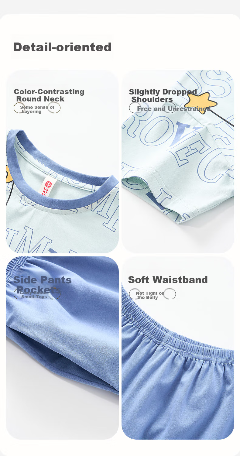 Fenteng Boys' Pajamas [Class A 7A Antibacterial] 100% Cotton Lightweight Children's Short Sleeve Air Conditioning Set 6