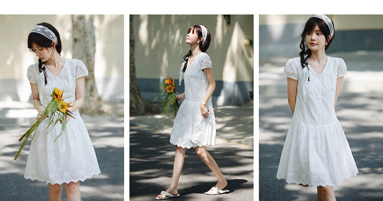 Mt [Pure Cotton Confession] Summer Sweet Fresh V-Neck Embroidered Elegant A-Line High-End Petite White Dress 5