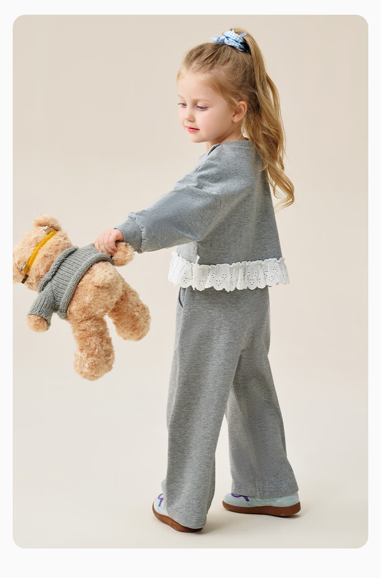 Classic Teddy Girls' Two-Piece Set Children's Sweatshirt and Pants Sweet Patchwork Casual Spring Outfit Light Gray 90 17