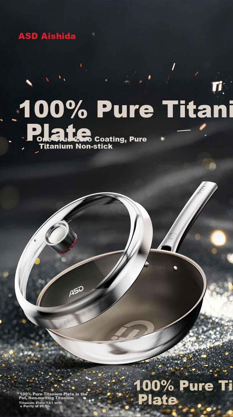 ASD Non-Stick Wok with Pure Titanium Coating, Stainless Steel Home Use Titanium Pan, Non-Stick Compatible with Gas And Induction Cooktops, 32cm Z1 3