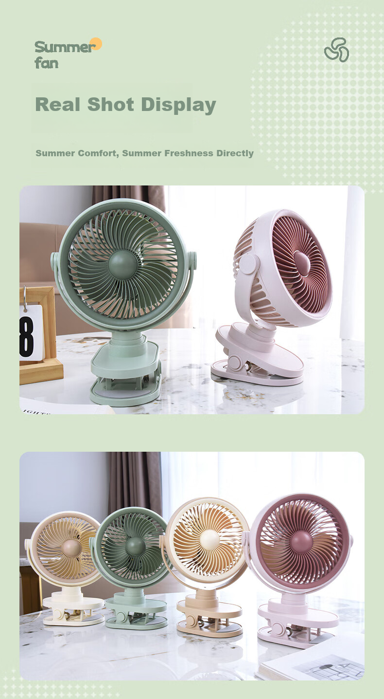 Siyicai Simple Clip-On Light Fan, Cute Student Mini Fan, USB Rechargeable, Dorm Bedside Small Electric Fan, Rotatable YS2539 Bean Green Color 8