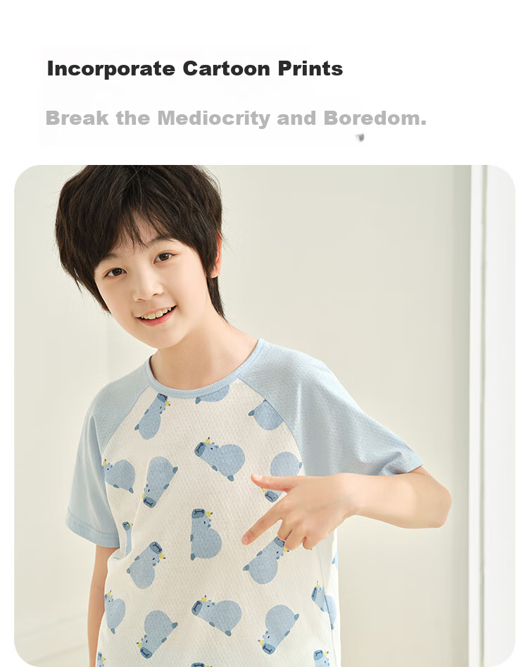 Hodo Children's Pajamas, Pure Cotton, Thin Summer Style, Air Conditioning Wear, Short-Sleeve Set for Boys And Girls, Home Wear for Older Children, 3351, Size 110 12