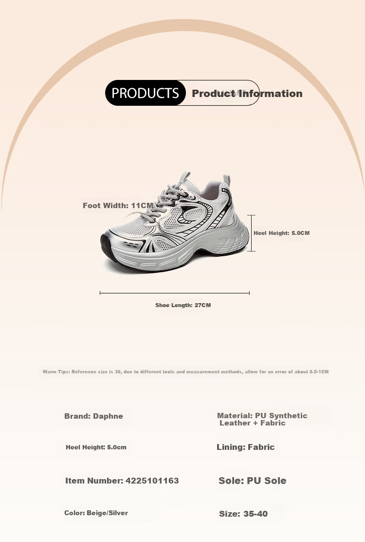 DAPHNE Thick-Soled Silver Dad Shoes for Women, New Style Thick-Soled Heightening Versatile Casual Sneakers, Beige, Size 40 1