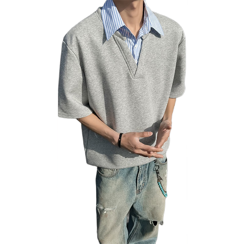 Homlean Japanese Retro Short-Sleeve Polo Shirt for Men, Summer Loose-Fit Versatile Fashionable Collared Short-Sleeve XM88 Gray L