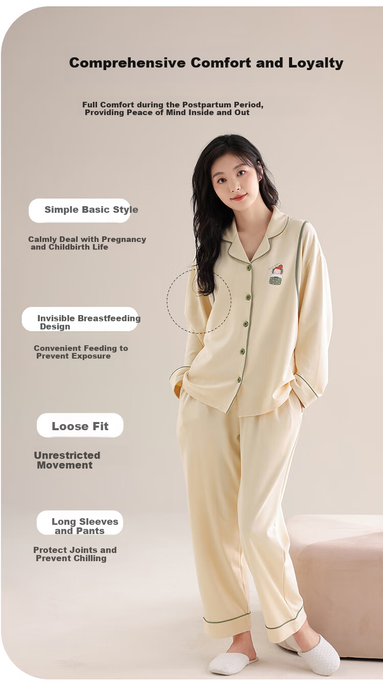 Dushiliren Women's Pure Cotton Pajamas, 100% Cotton, Autumn And Winter Long Pants, Long Sleeves, Plus Size, Maternity, Nursing, Suitable for Outdoor Wear, Postpartum Loungewear 9