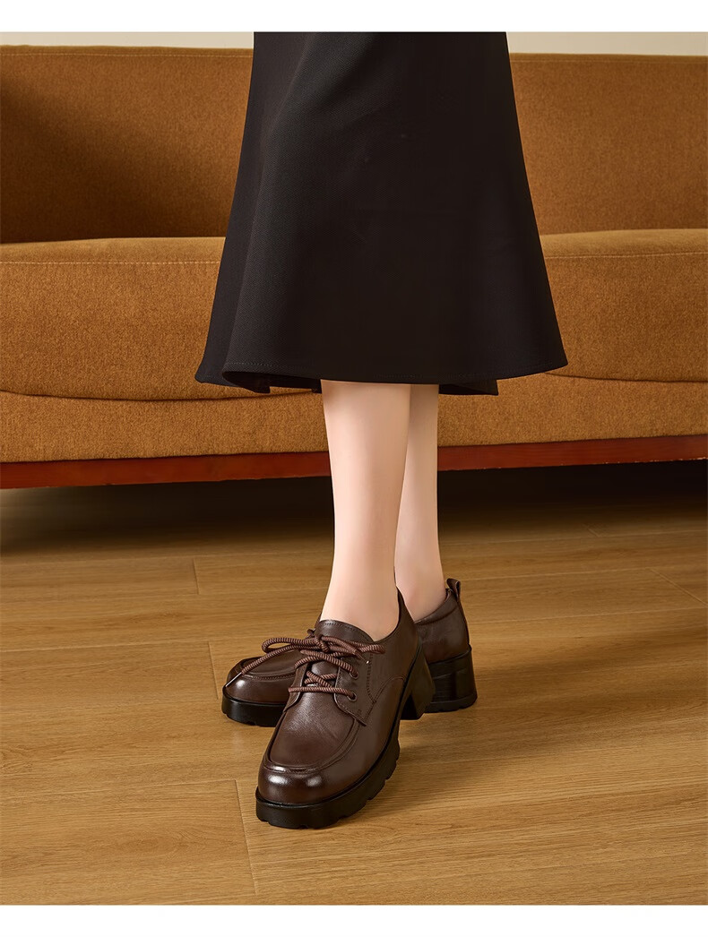 Eierkang Women's Autumn Winter British Style Small Leather Shoes Lace-up Vintage Deep Mouth Commuting Flats 13423W Brown Size 38 5