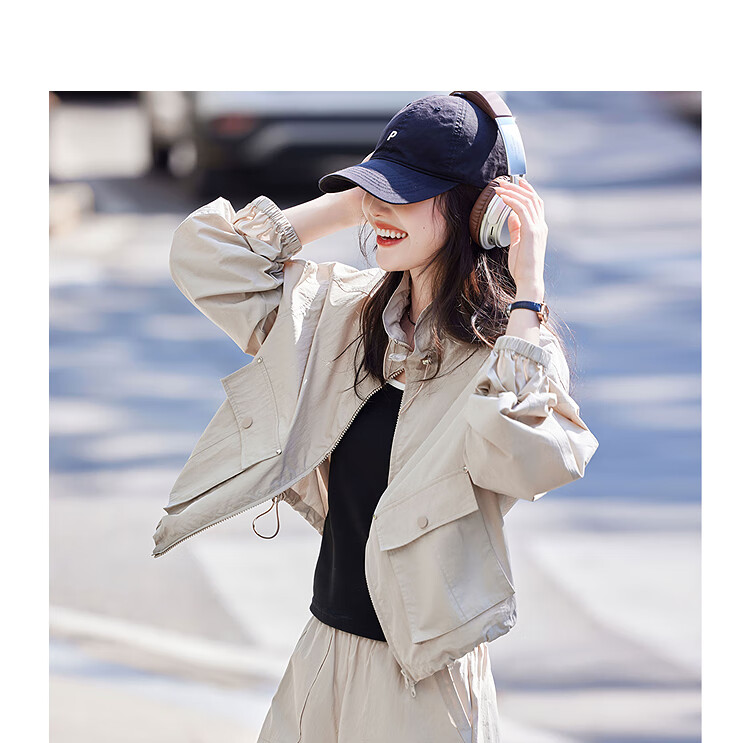 Awakening Paradise 26 Spring New Stand Collar Drawstring Jacket High Waist Cargo Jogger Lightweight Casual Set Navy Blue S 12